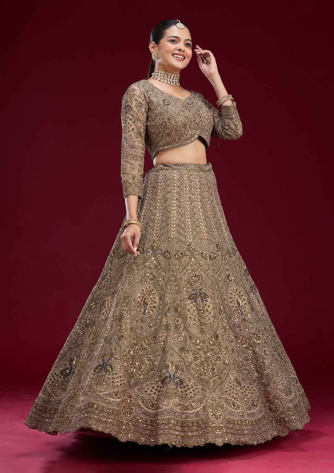 Mehendi Zariwork Net Semi Stitched Lehenga