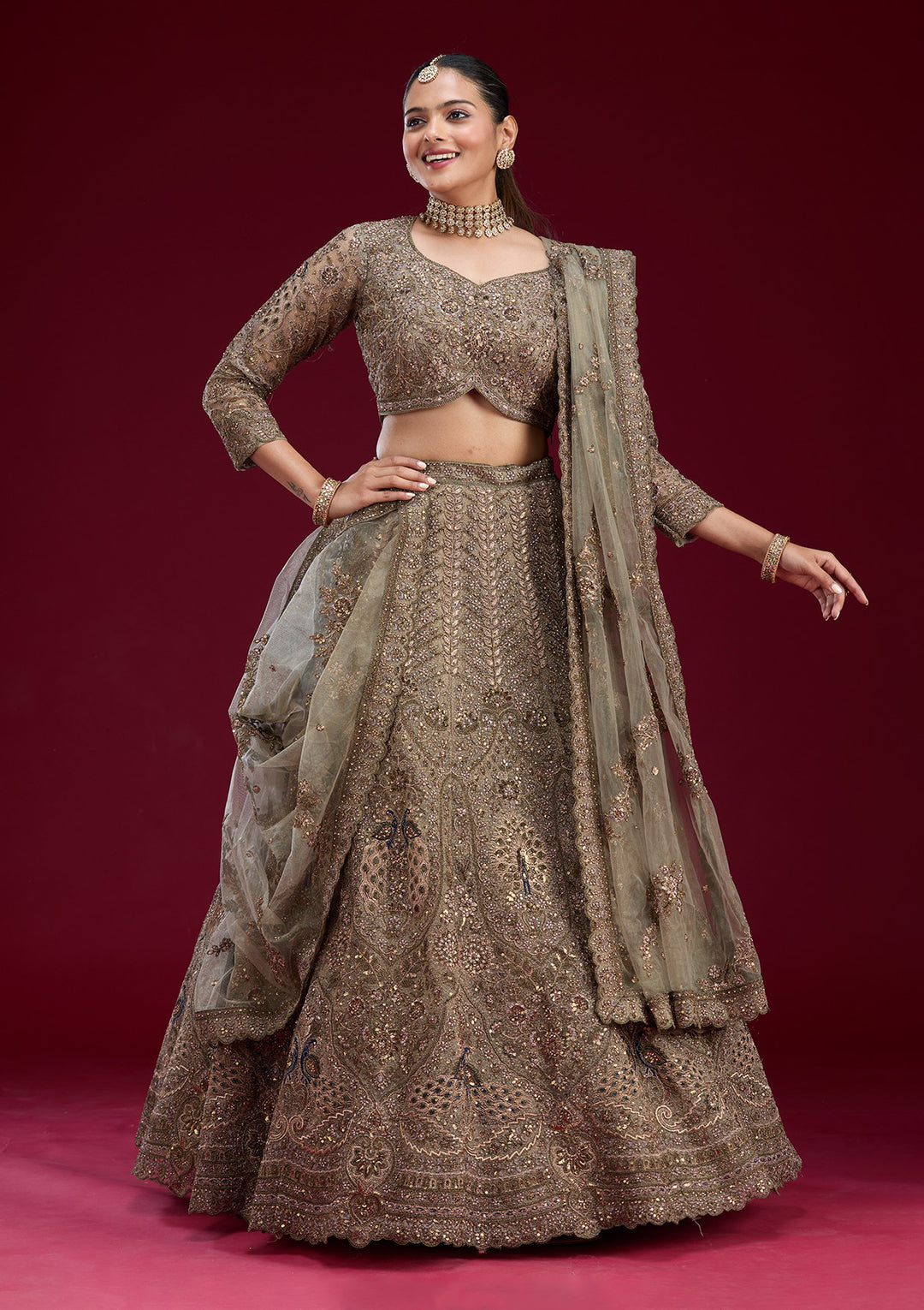 Mehendi Zariwork Net Semi Stitched Lehenga