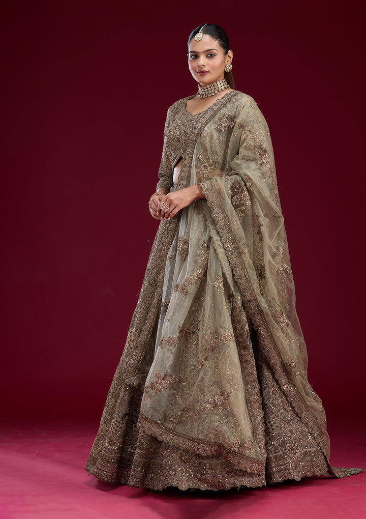 Mehendi Zariwork Net Semi Stitched Lehenga