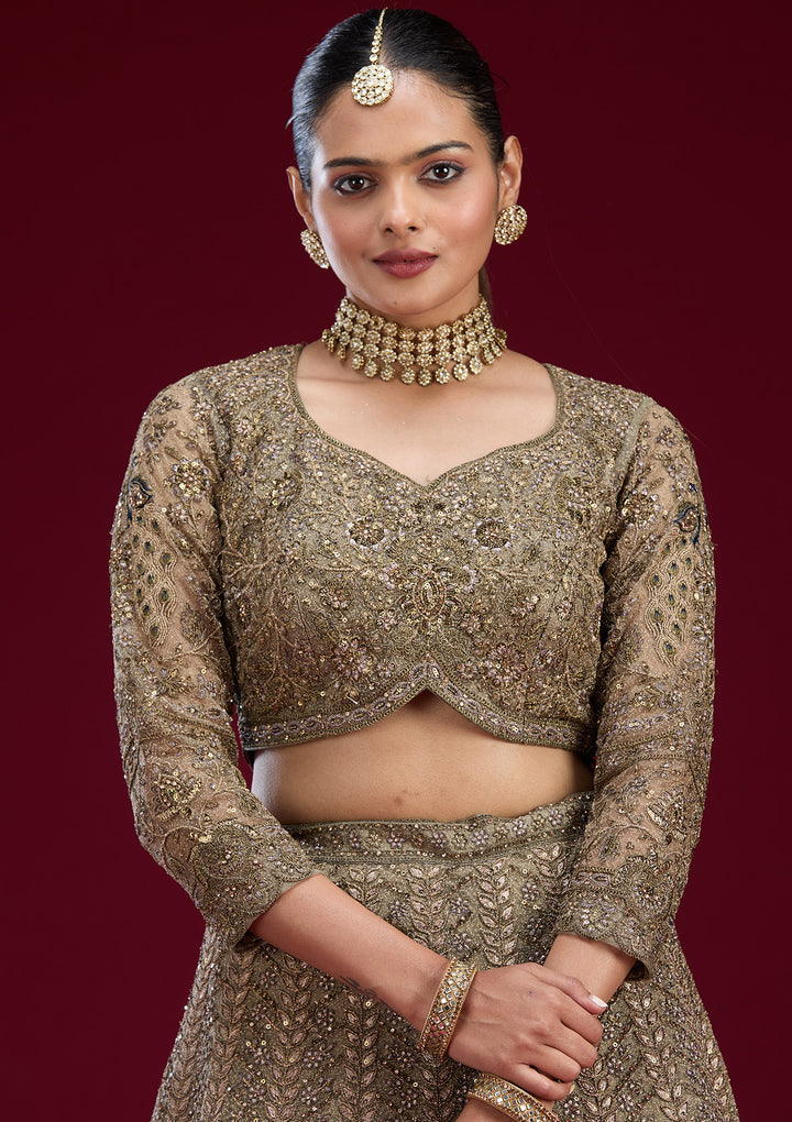 Mehendi Zariwork Net Semi Stitched Lehenga