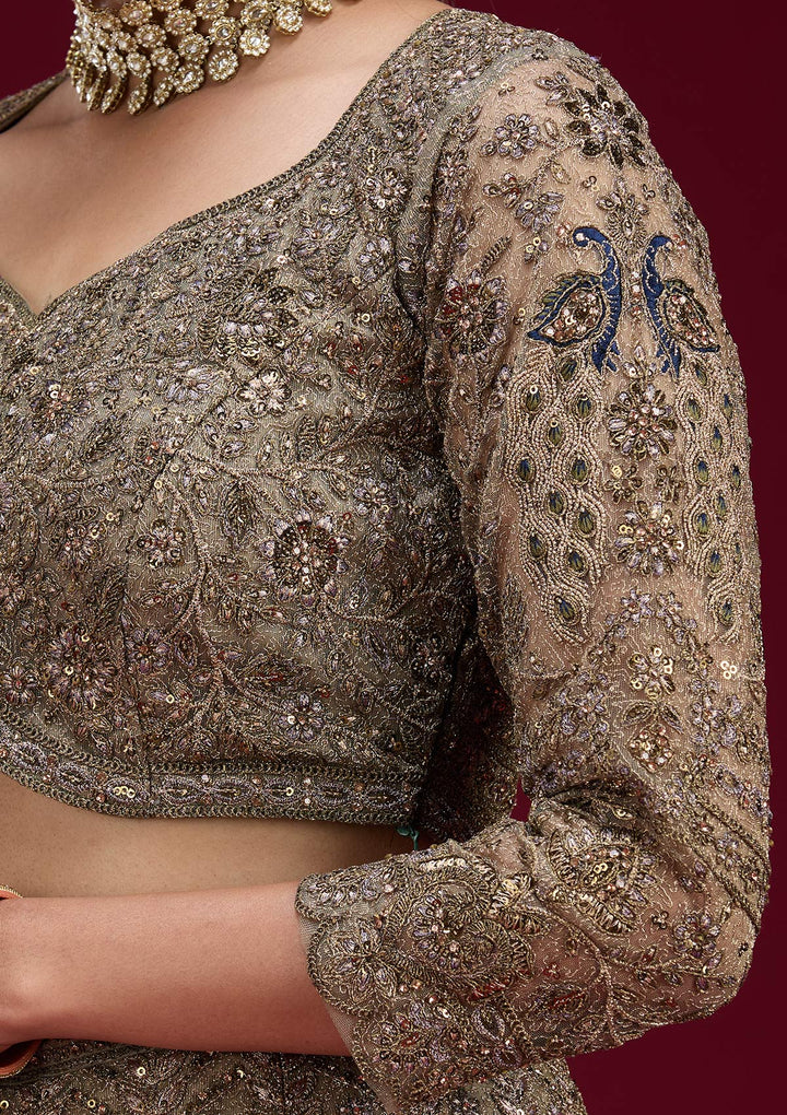 Mehendi Zariwork Net Semi Stitched Lehenga