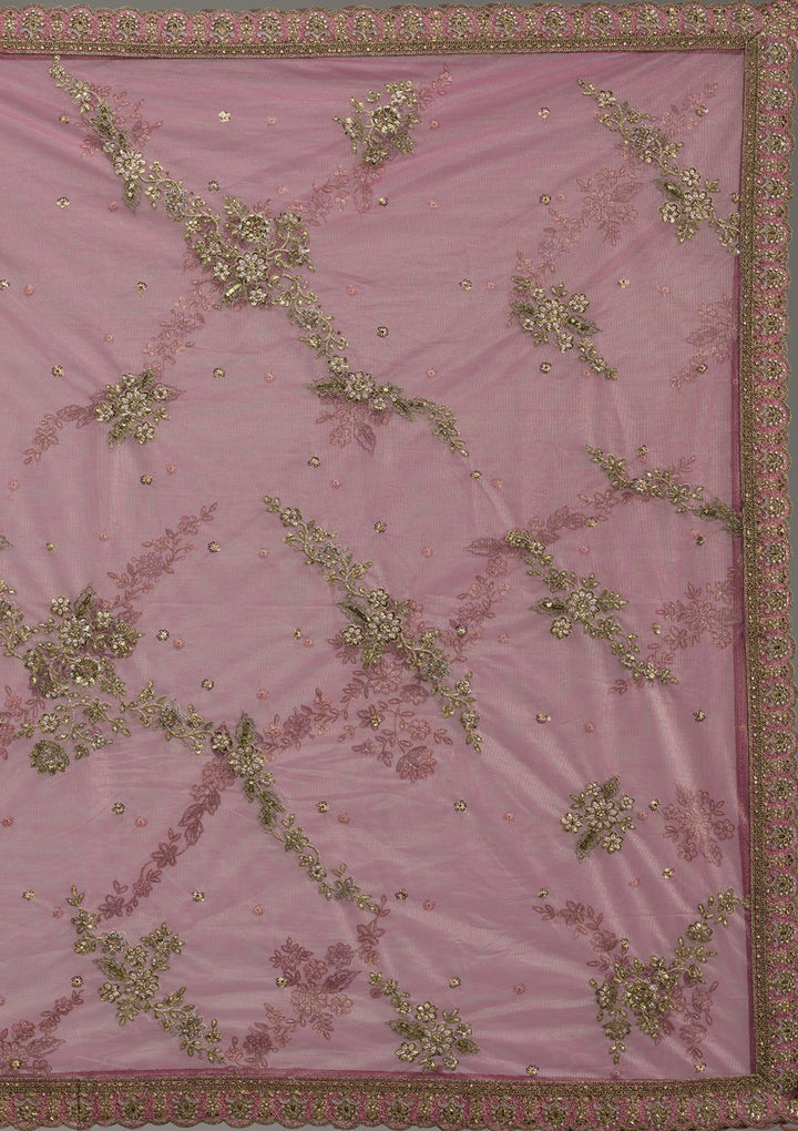 Pink Zariwork Net Semi Stitched Lehenga