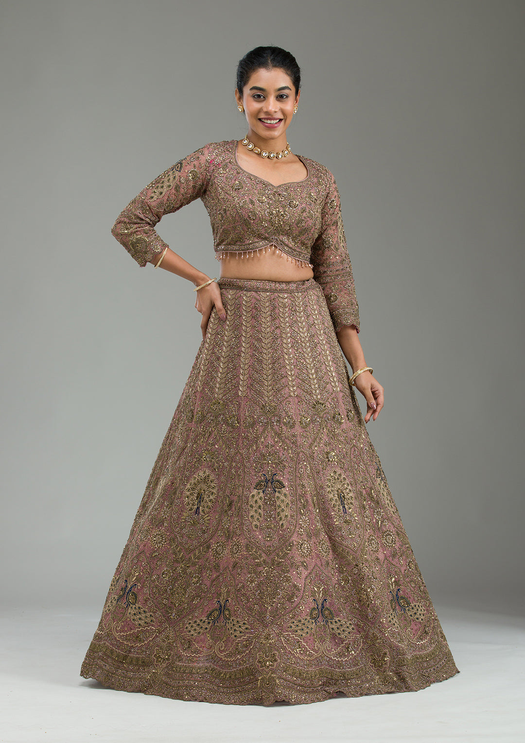 Pink Zariwork Net Semi Stitched Lehenga