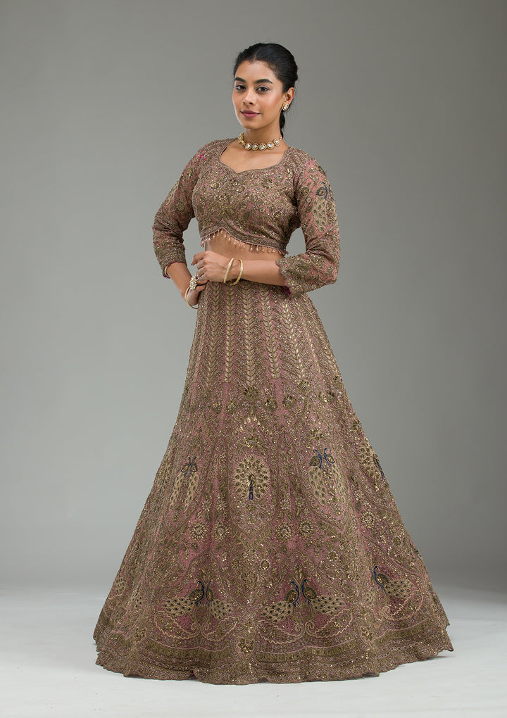 Pink Zariwork Net Semi Stitched Lehenga