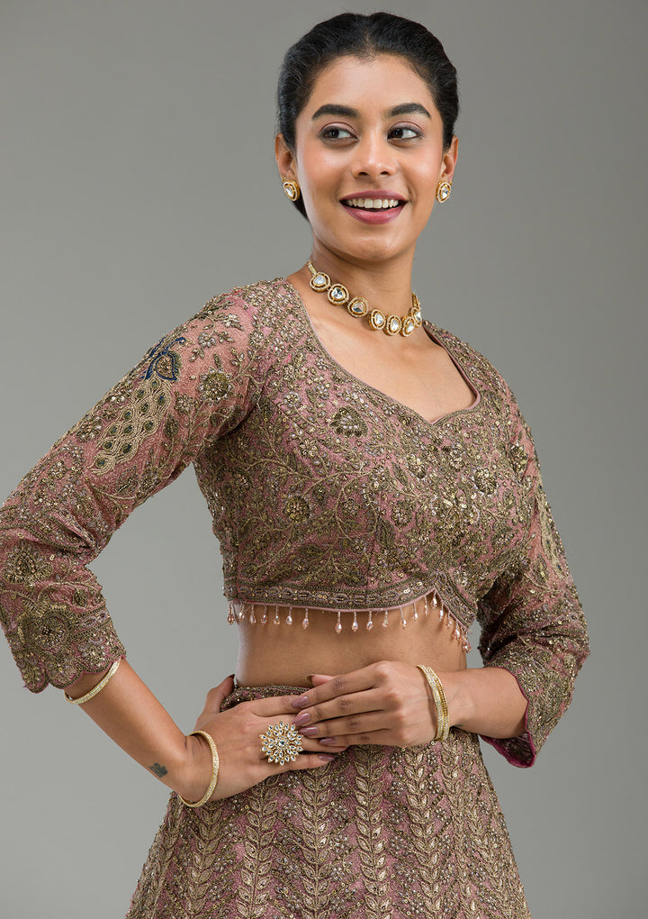 Pink Zariwork Net Semi Stitched Lehenga