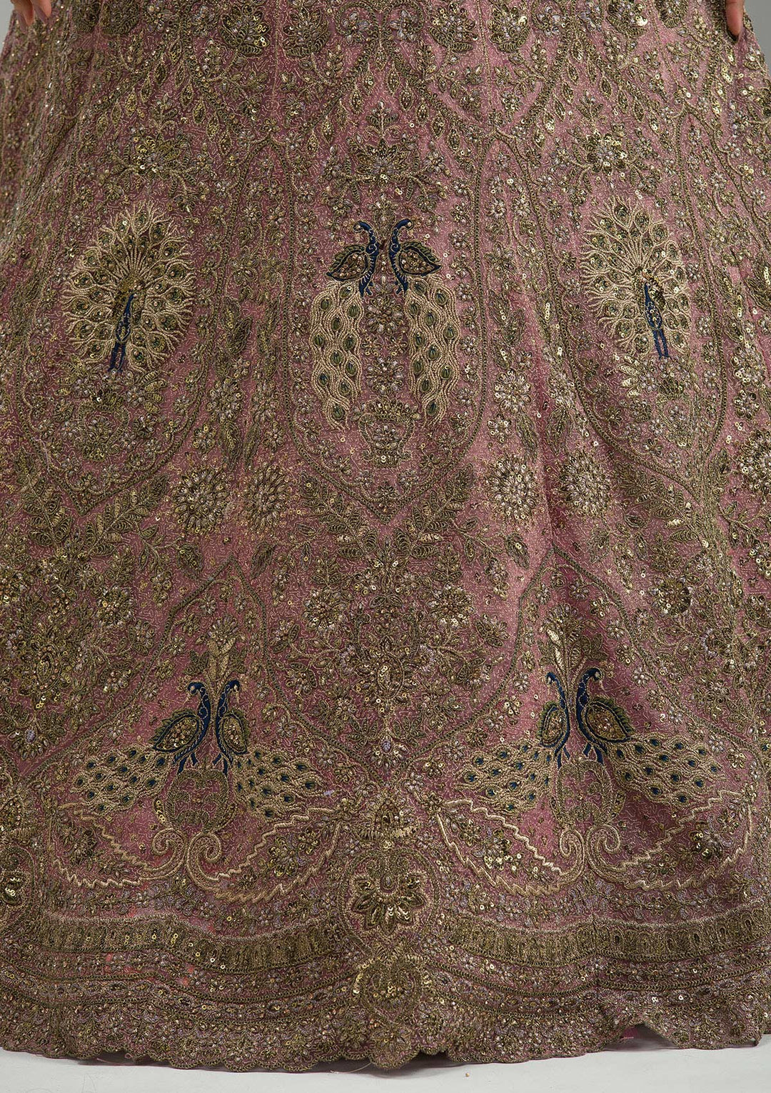 Pink Zariwork Net Semi Stitched Lehenga