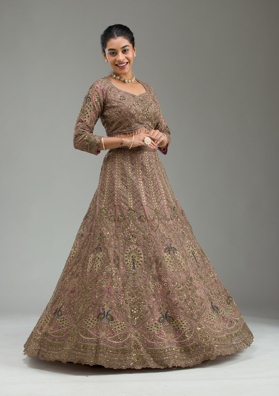 Pink Zariwork Net Semi Stitched Lehenga