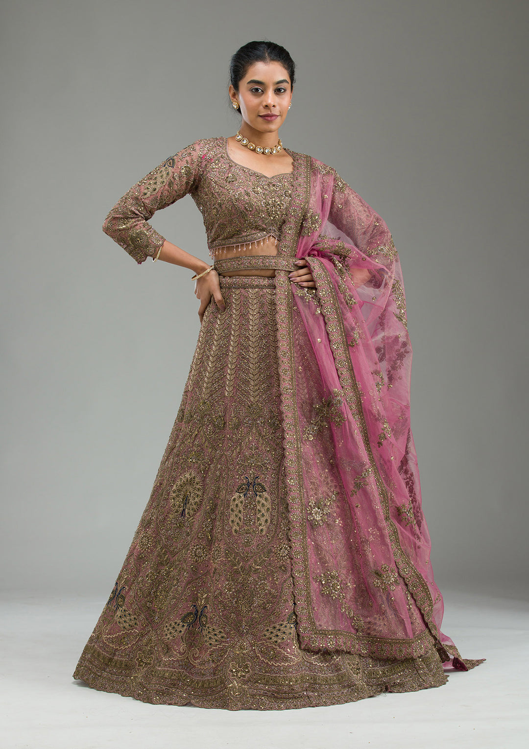 Pink Zariwork Net Semi Stitched Lehenga