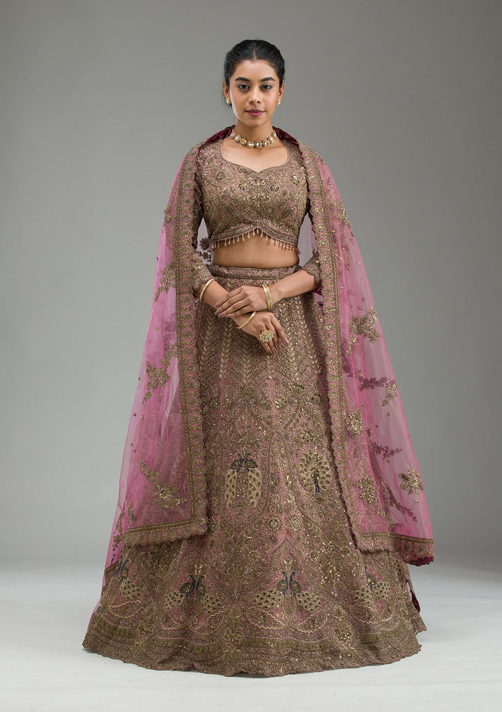 Pink Zariwork Net Semi Stitched Lehenga