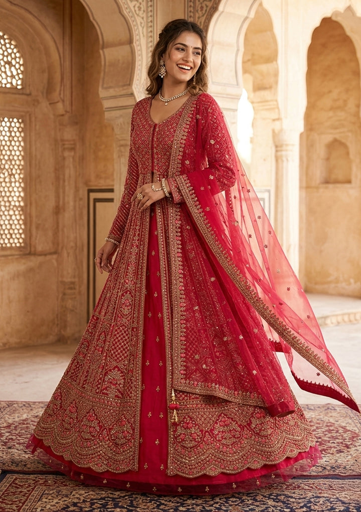 Rani Pink Zariwork (Gold) Net Readymade Lehenga