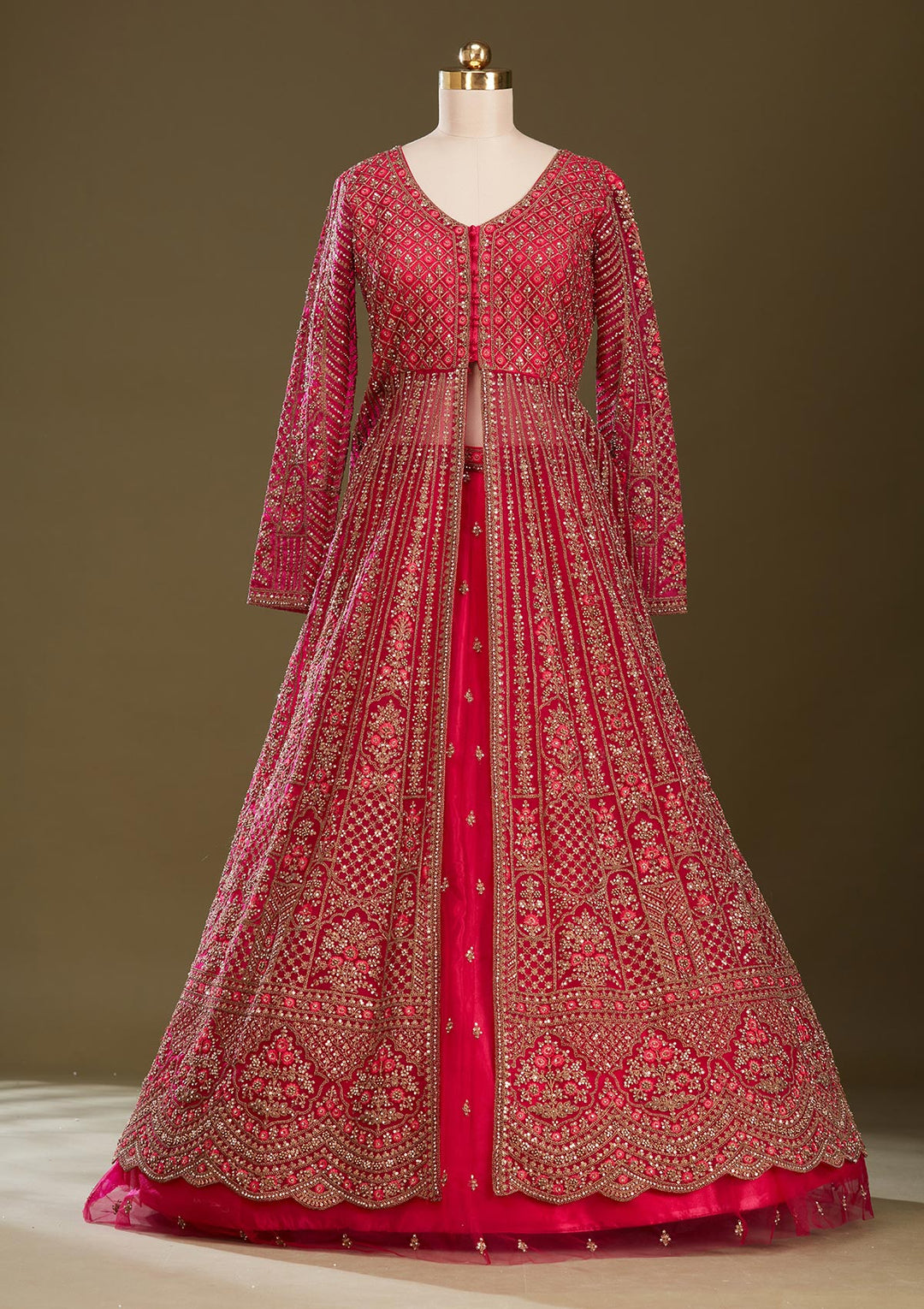 Rani Pink Zariwork (Gold) Net Readymade Lehenga