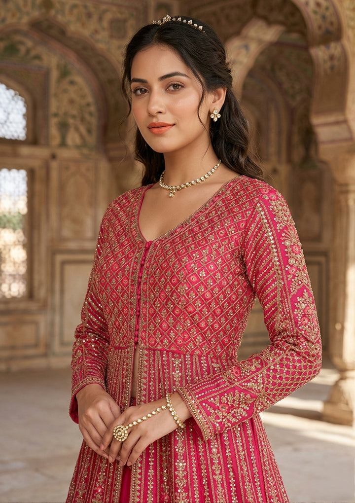 Rani Pink Zariwork (Gold) Net Readymade Lehenga