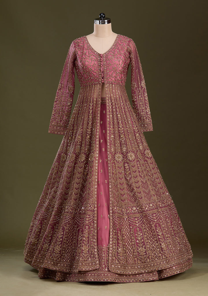 Onion Pink Stonework Net Readymade Lehenga