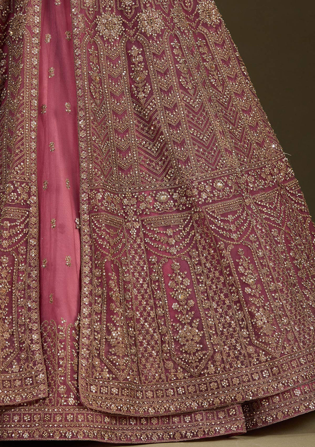 Onion Pink Stonework Net Readymade Lehenga