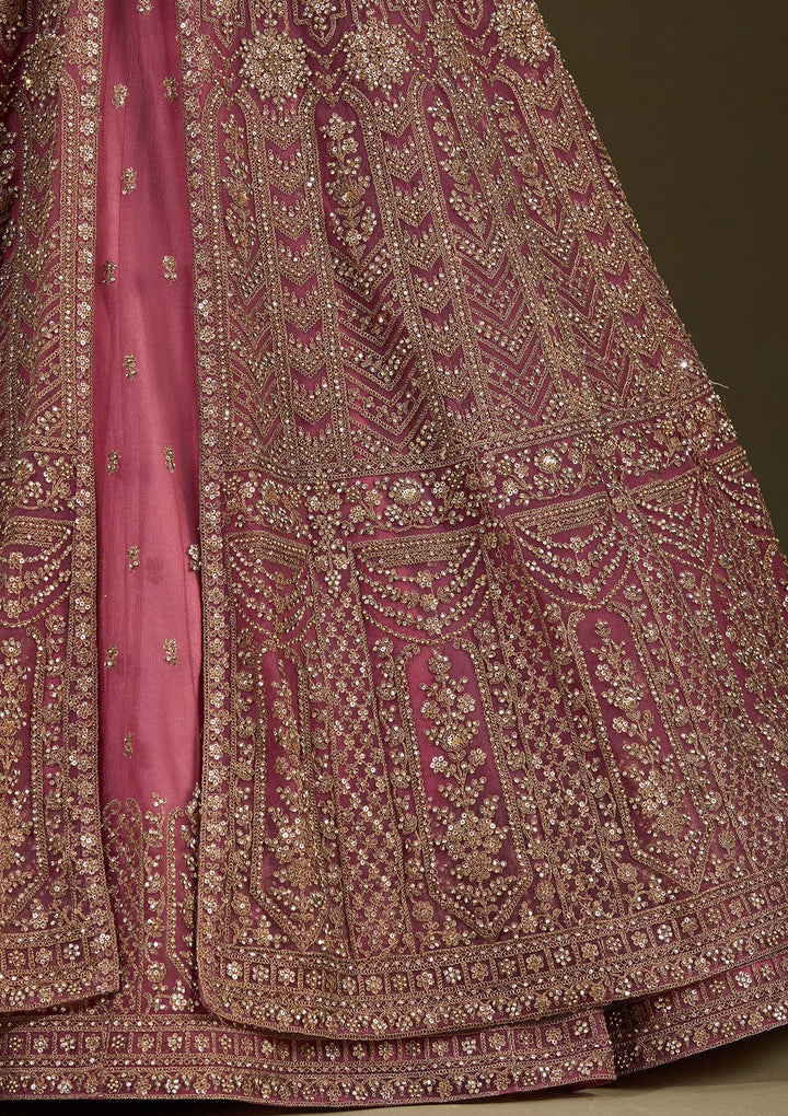 Onion Pink Stonework Net Readymade Lehenga
