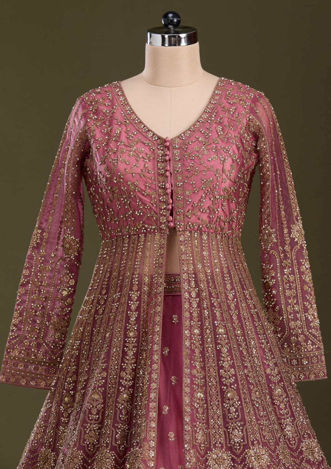 Onion Pink Stonework Net Readymade Lehenga