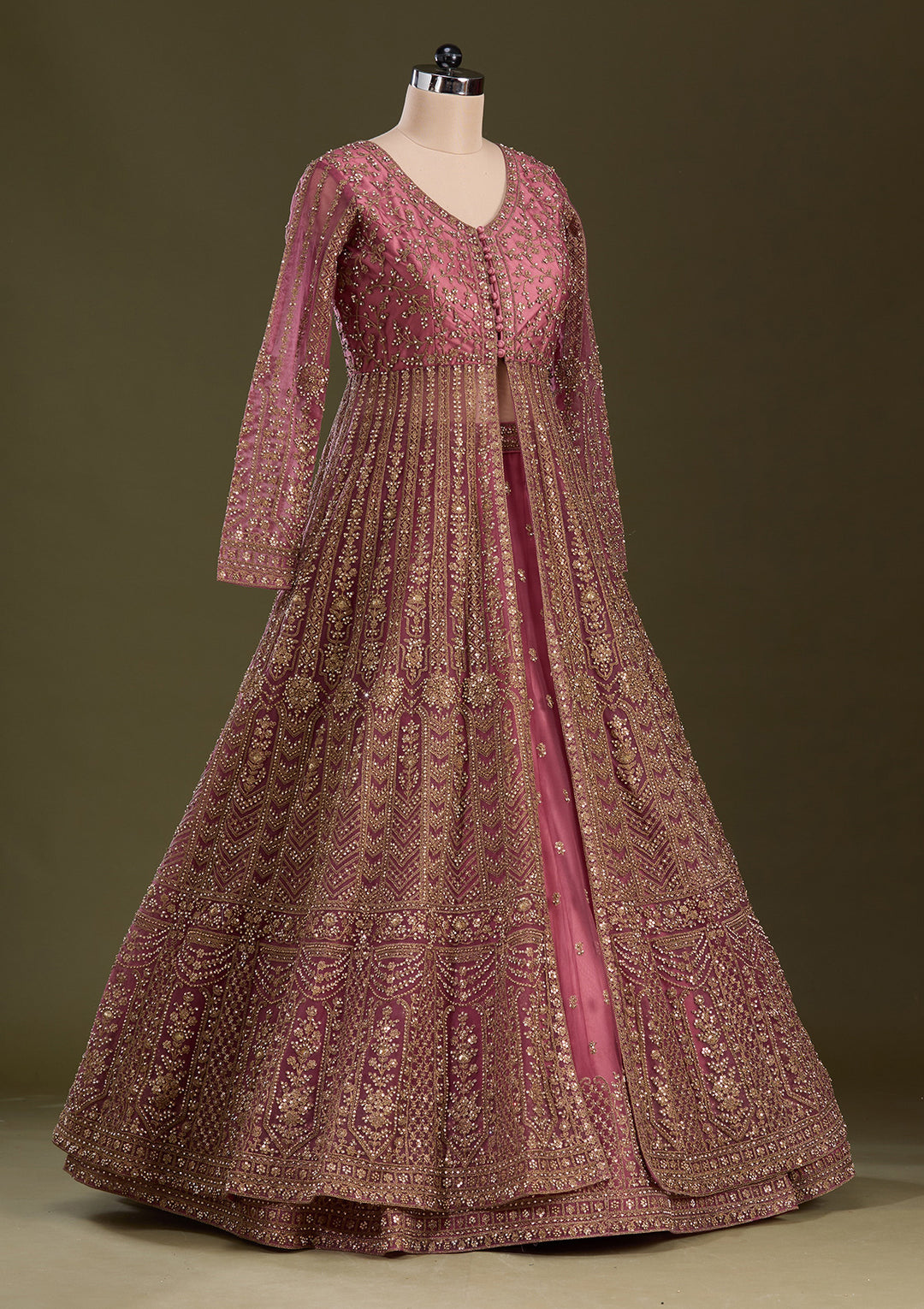 Onion Pink Stonework Net Readymade Lehenga