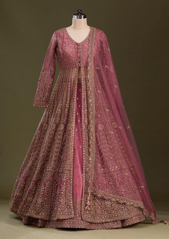 Onion Pink Stonework Net Readymade Lehenga