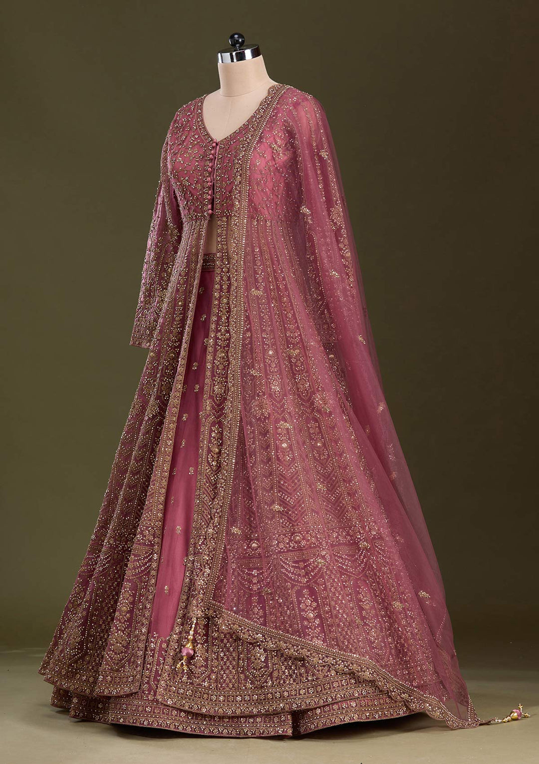 Onion Pink Stonework Net Readymade Lehenga