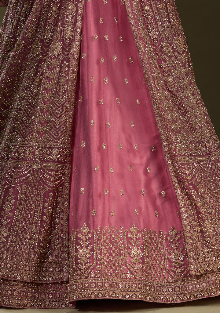 Onion Pink Stonework Net Readymade Lehenga