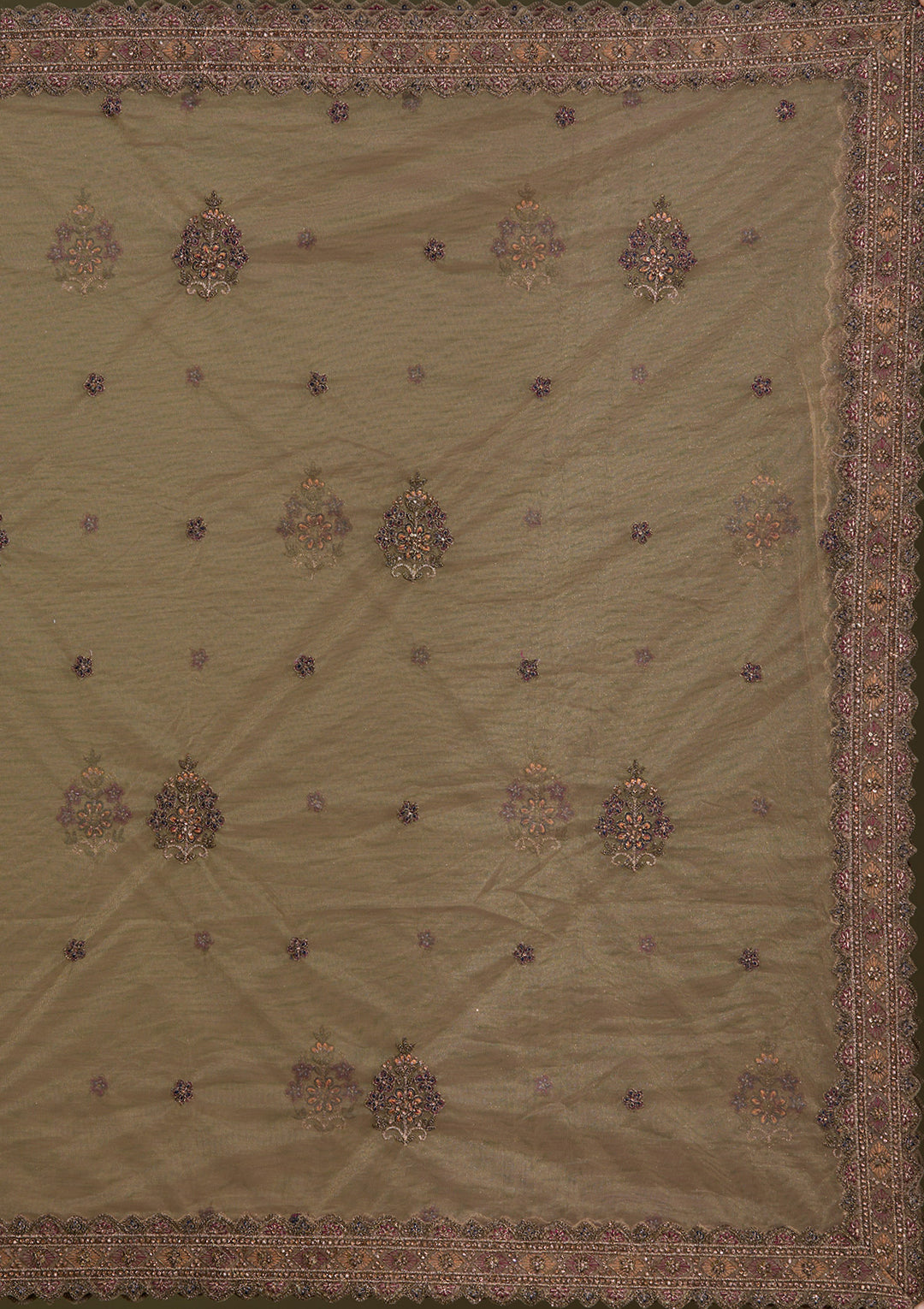 Beige Zariwork Net Readymade Lehenga