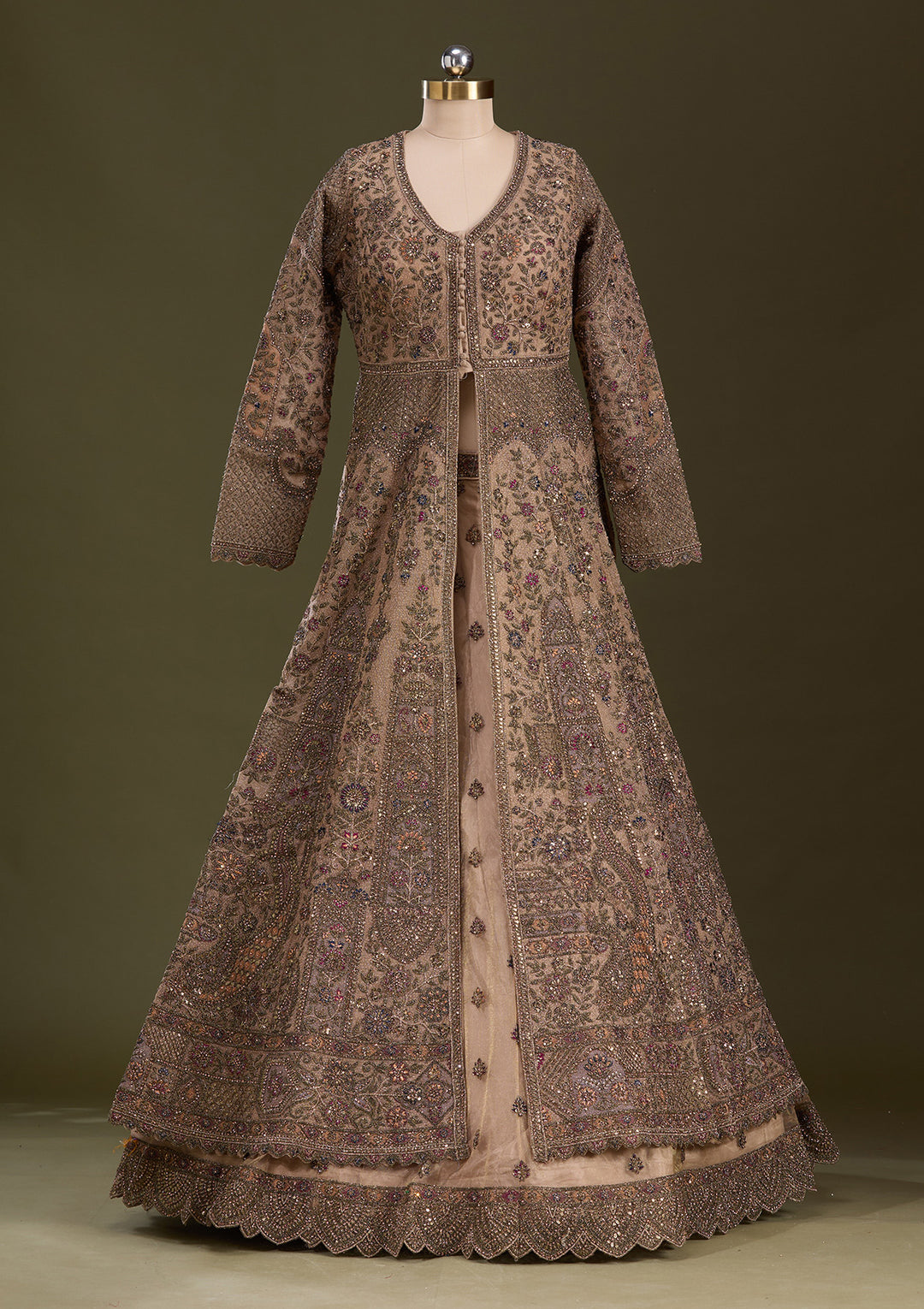 Beige Zariwork Net Readymade Lehenga