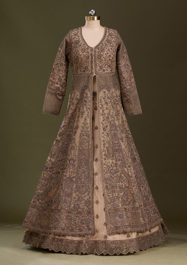 Beige Zariwork Net Readymade Lehenga