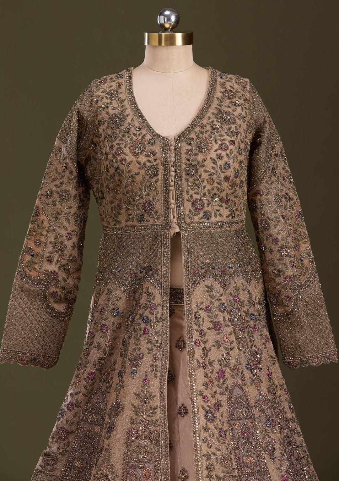 Beige Zariwork Net Readymade Lehenga