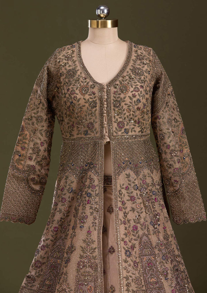 Beige Zariwork Net Readymade Lehenga