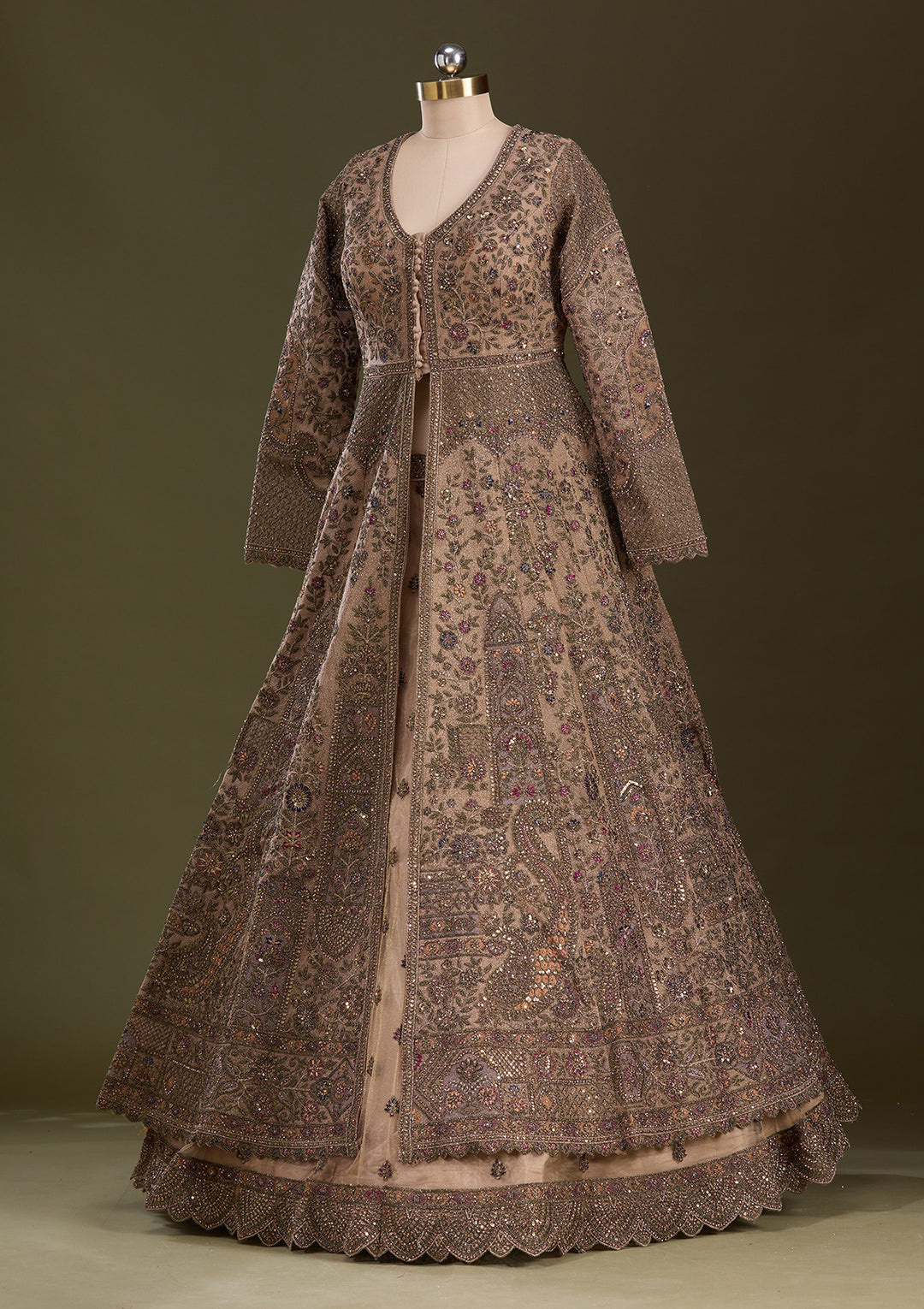 Beige Zariwork Net Readymade Lehenga