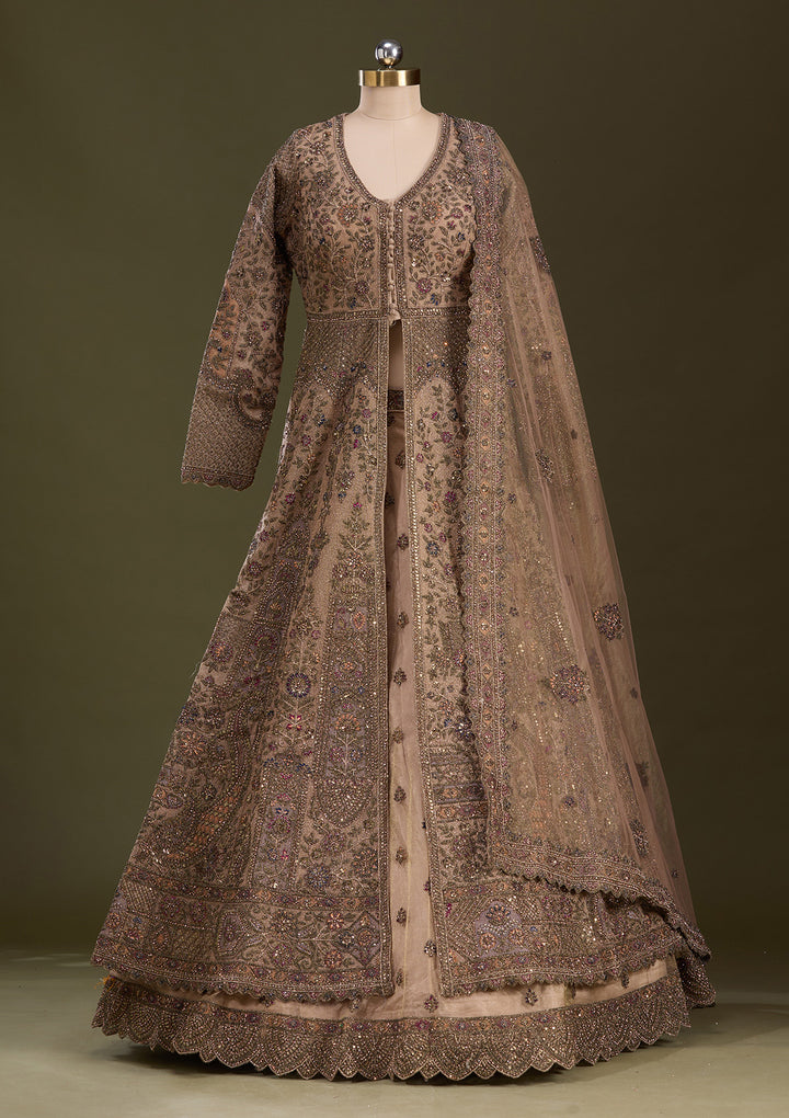 Beige Zariwork Net Readymade Lehenga