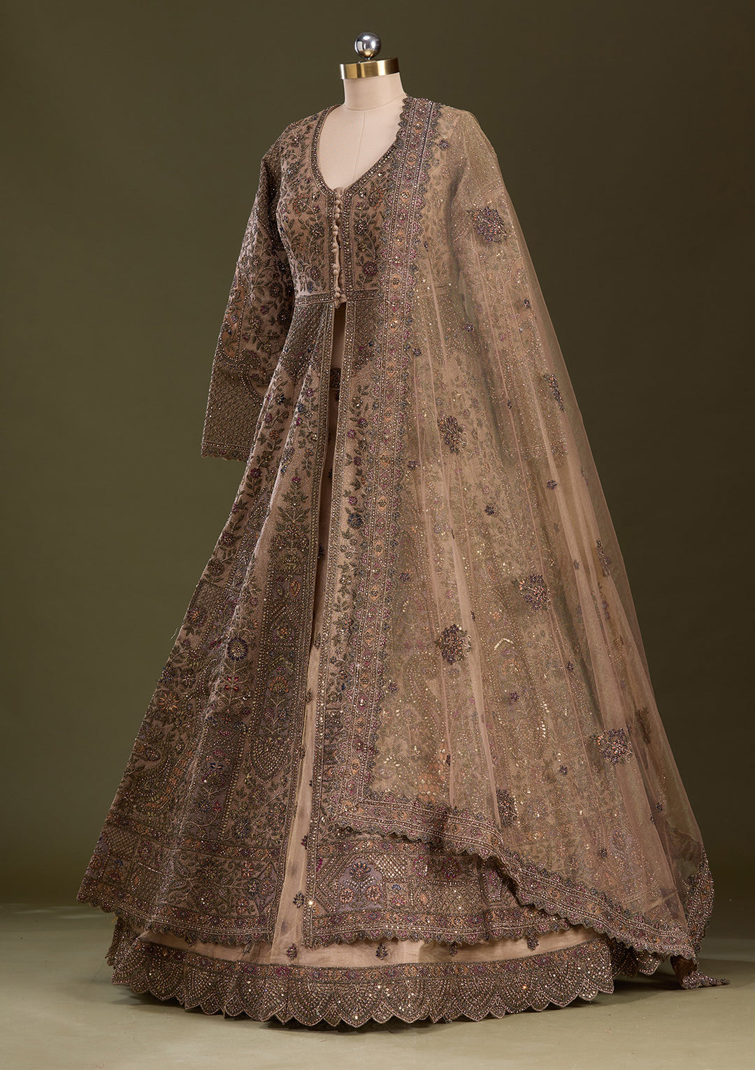 Beige Zariwork Net Readymade Lehenga