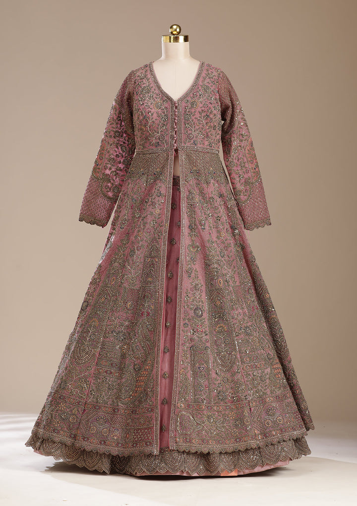 Onion Pink Zariwork (Antique) Net Readymade Lehenga