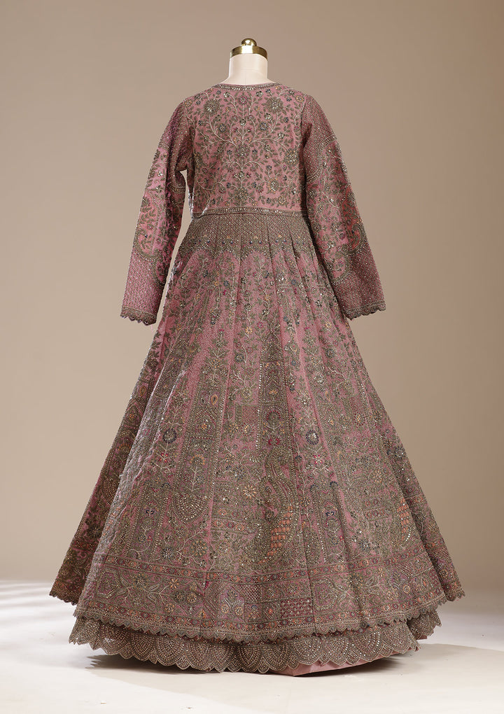 Onion Pink Zariwork (Antique) Net Readymade Lehenga