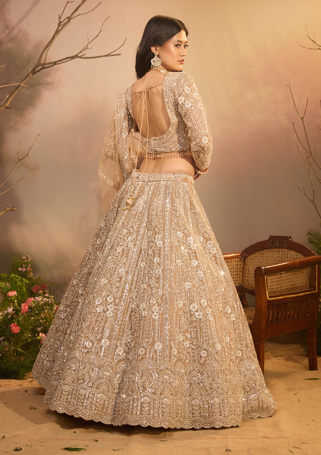 Beige Sequins Net Readymade Lehenga