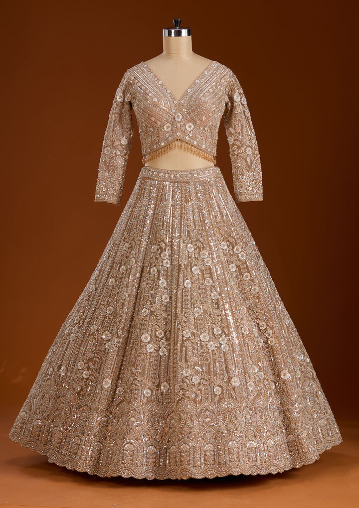 Beige Sequins Net Readymade Lehenga