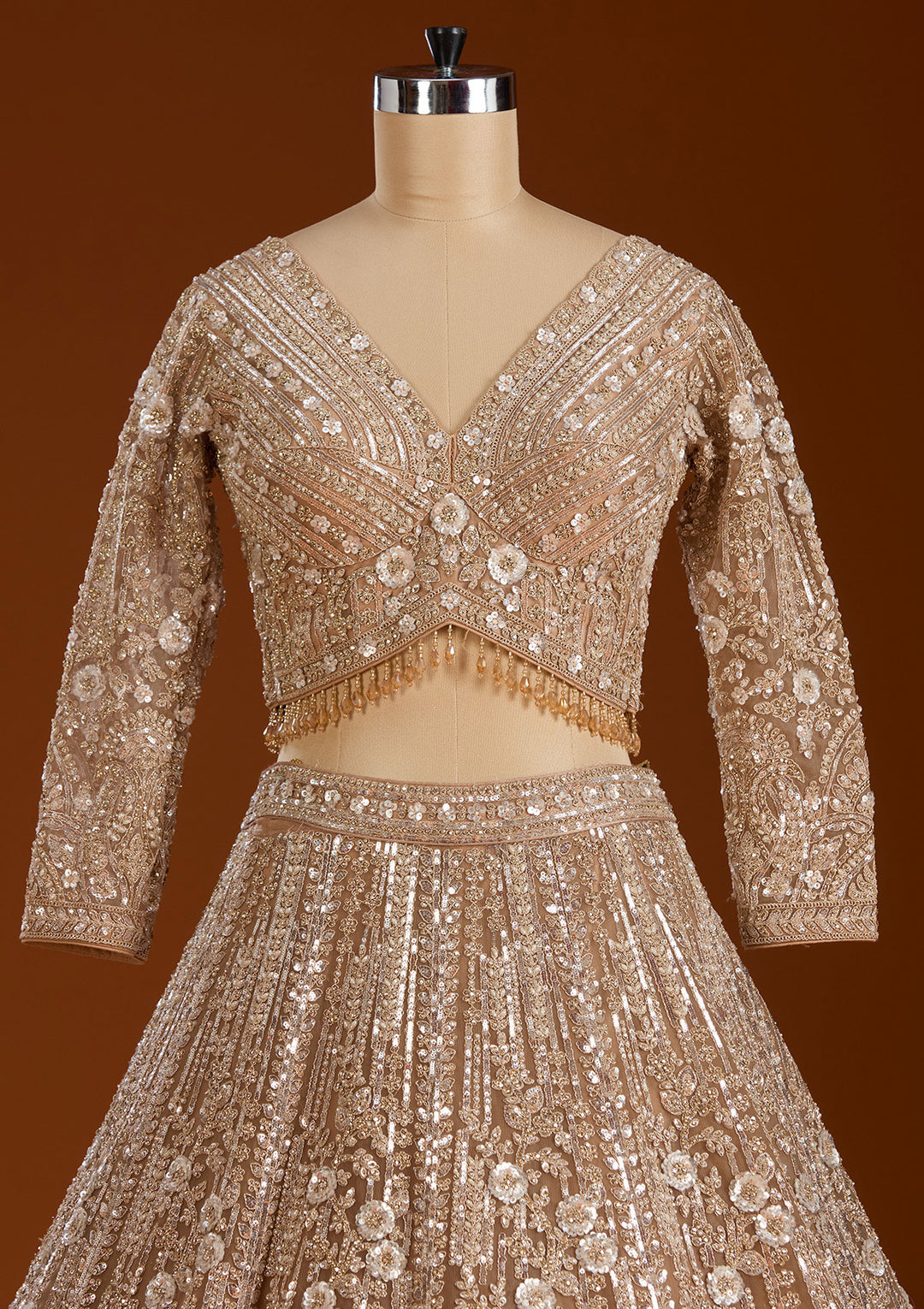 Beige Sequins Net Readymade Lehenga