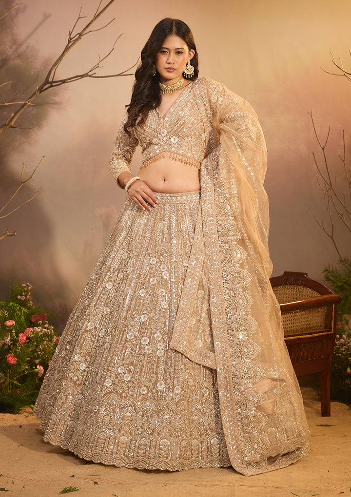 Beige Sequins Net Readymade Lehenga