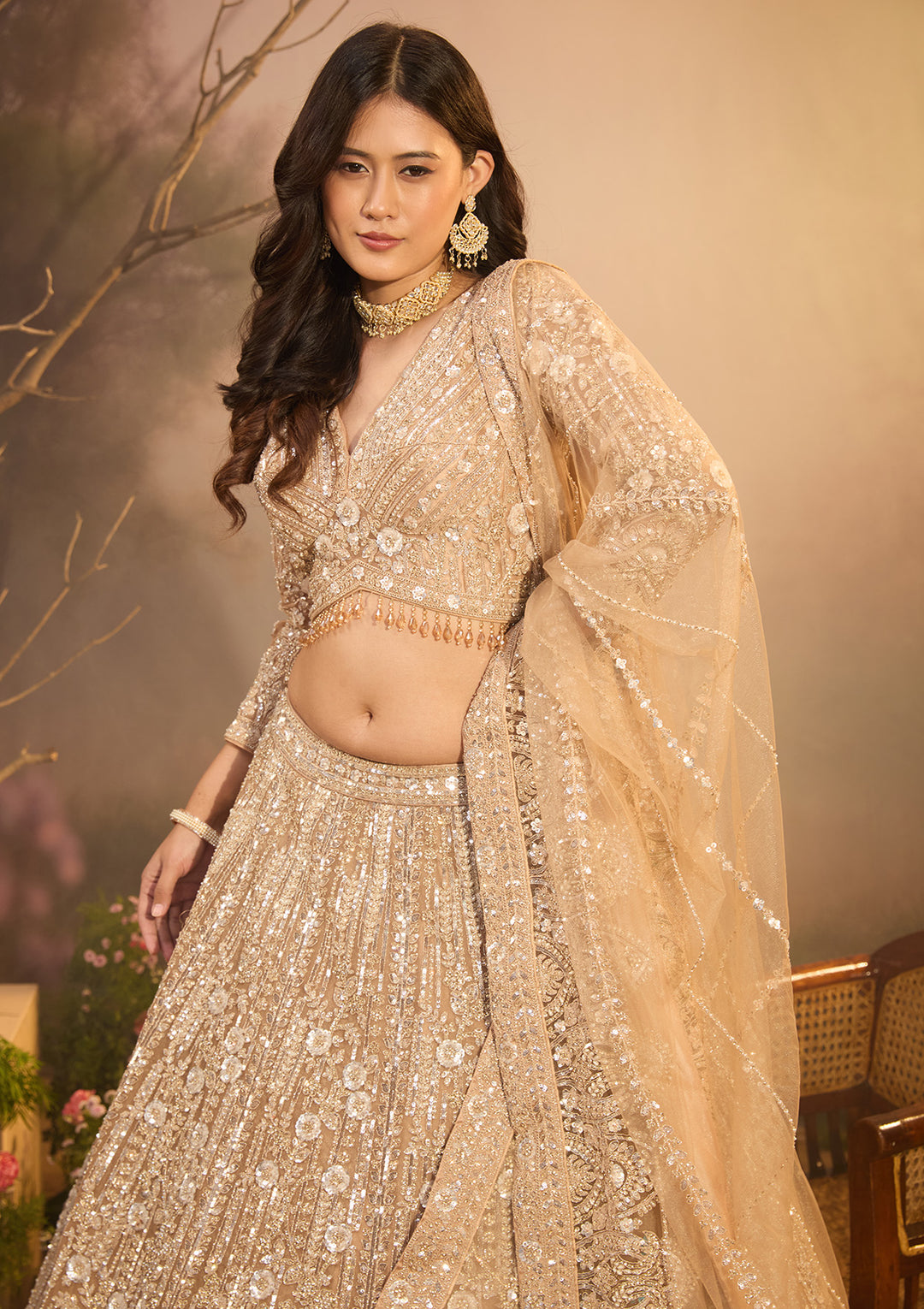 Beige Sequins Net Readymade Lehenga