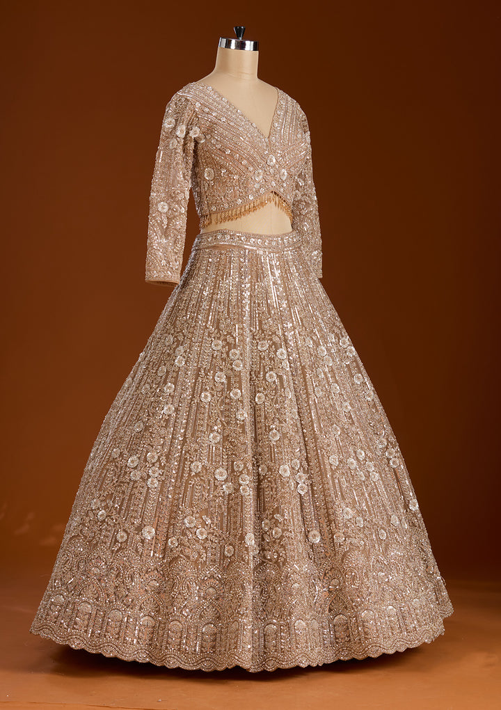 Beige Sequins Net Readymade Lehenga