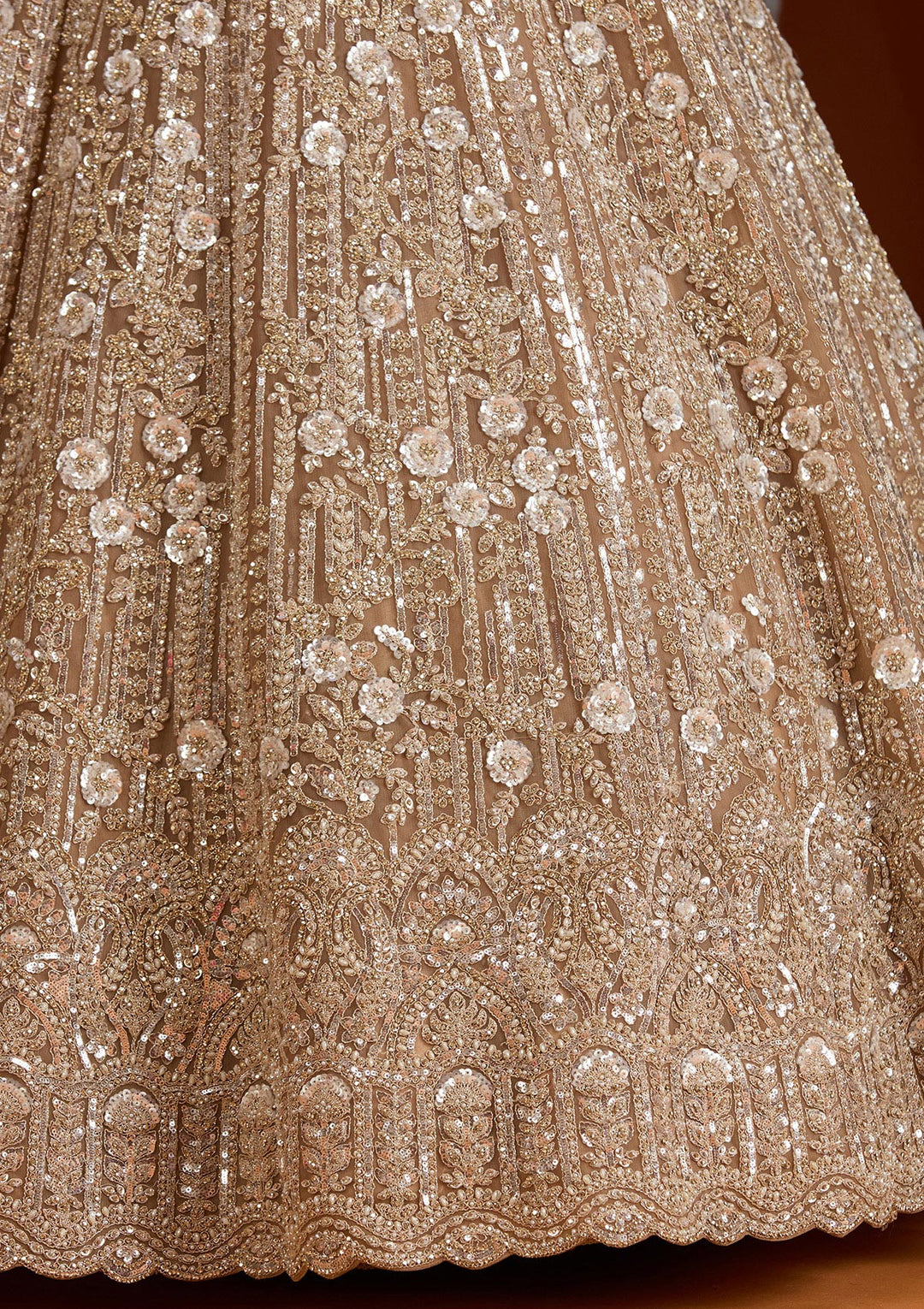 Beige Sequins Net Readymade Lehenga