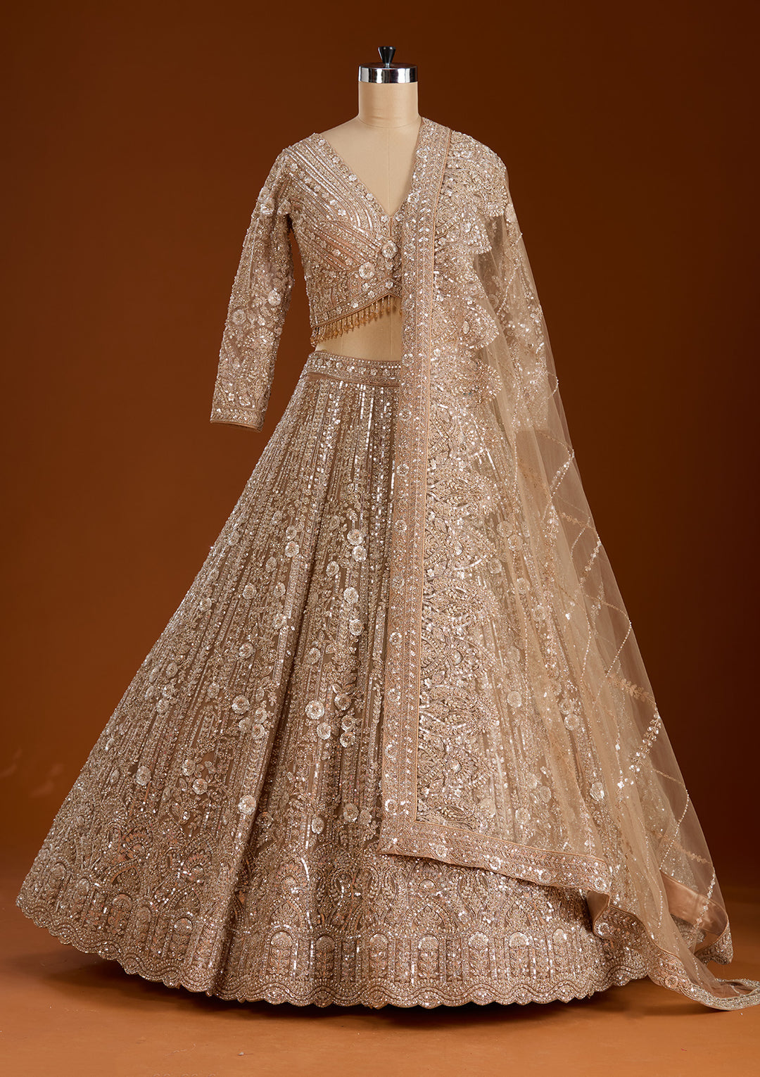 Beige Sequins Net Readymade Lehenga