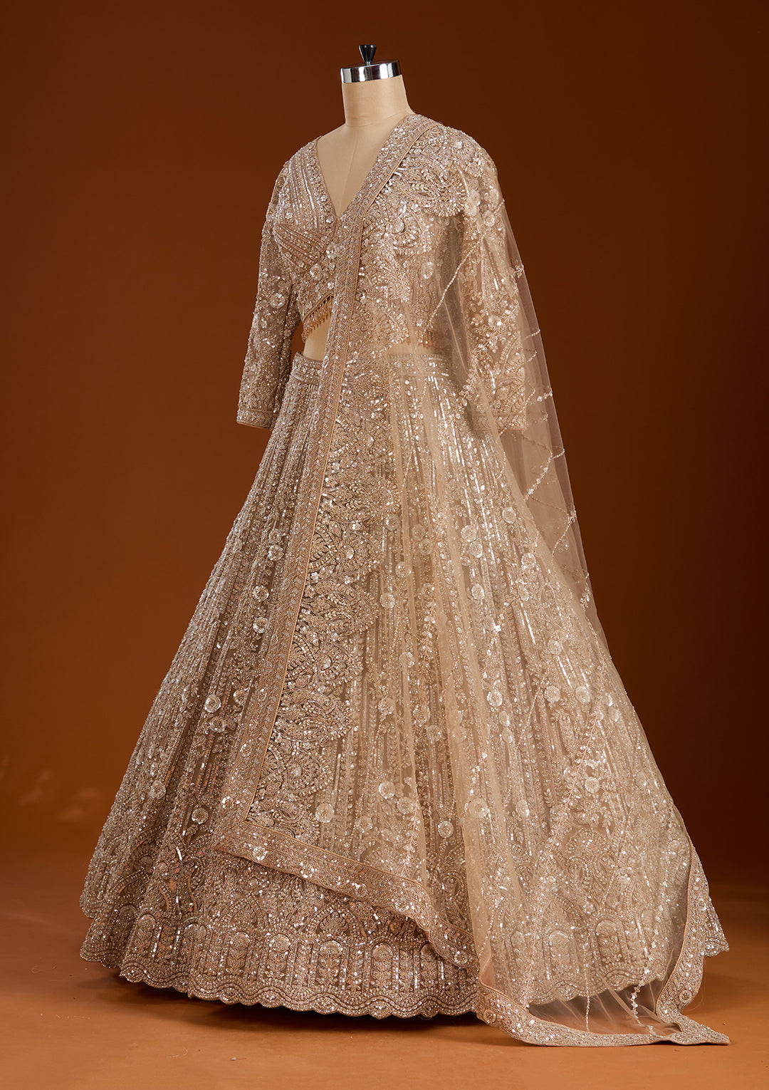 Beige Sequins Net Readymade Lehenga