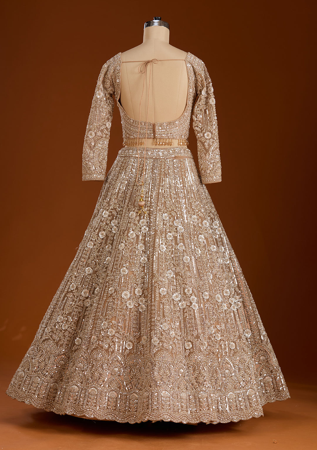 Beige Sequins Net Readymade Lehenga