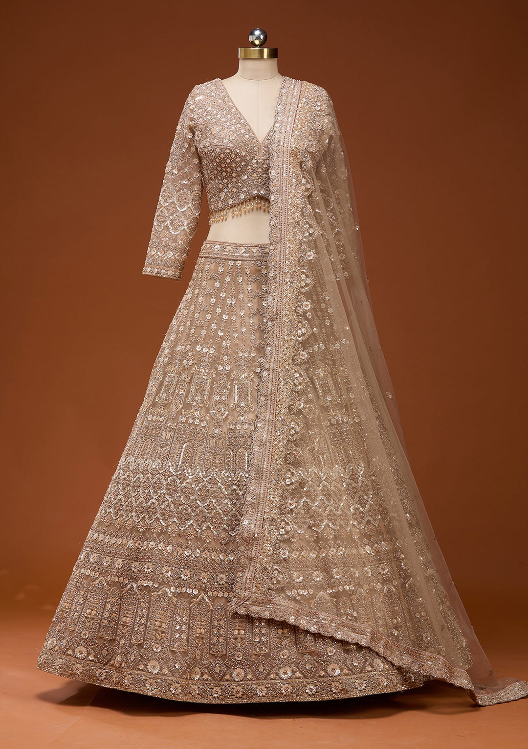 Beige Zariwork (Gold) Net Readymade Lehenga