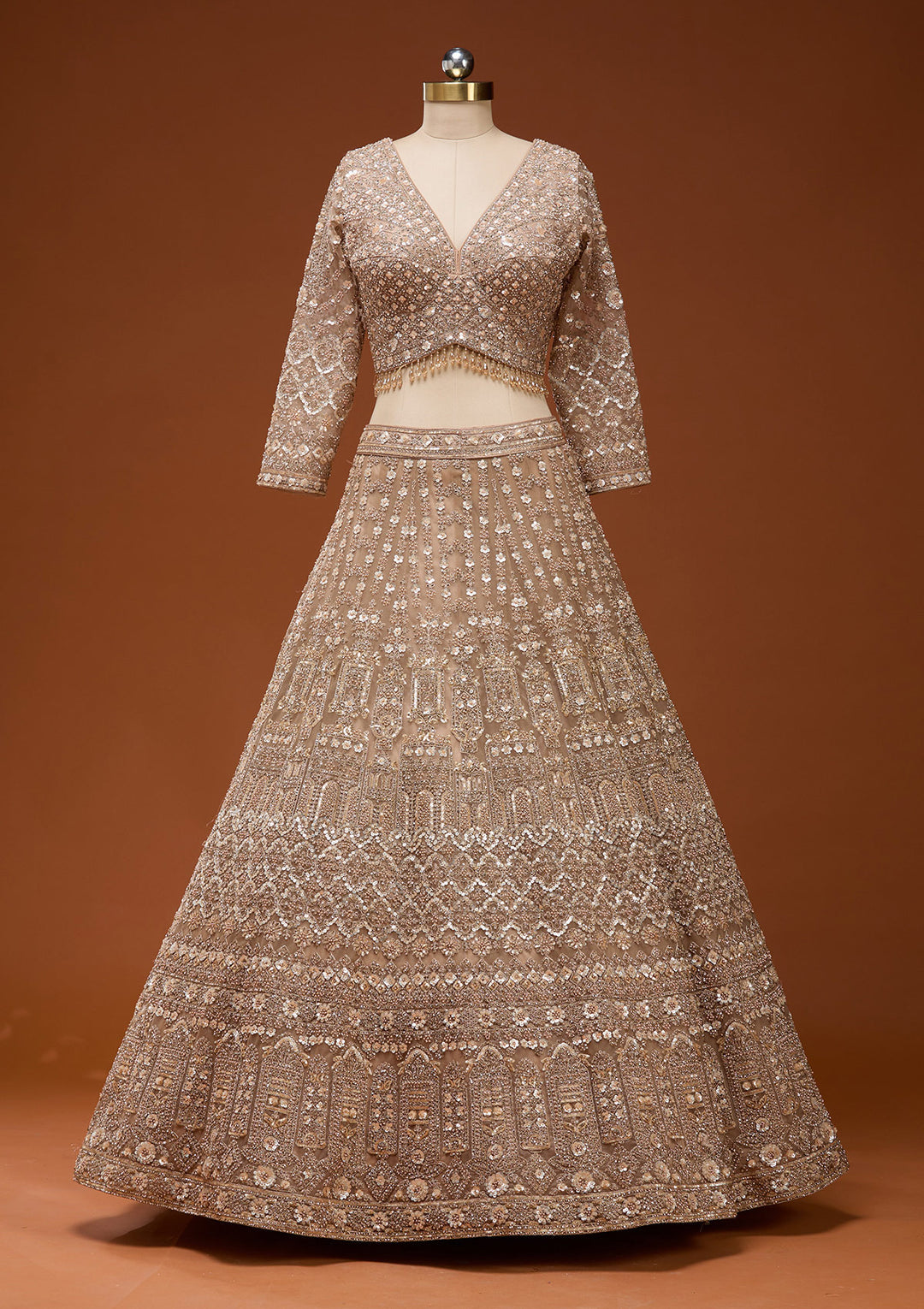 Beige Zariwork (Gold) Net Readymade Lehenga