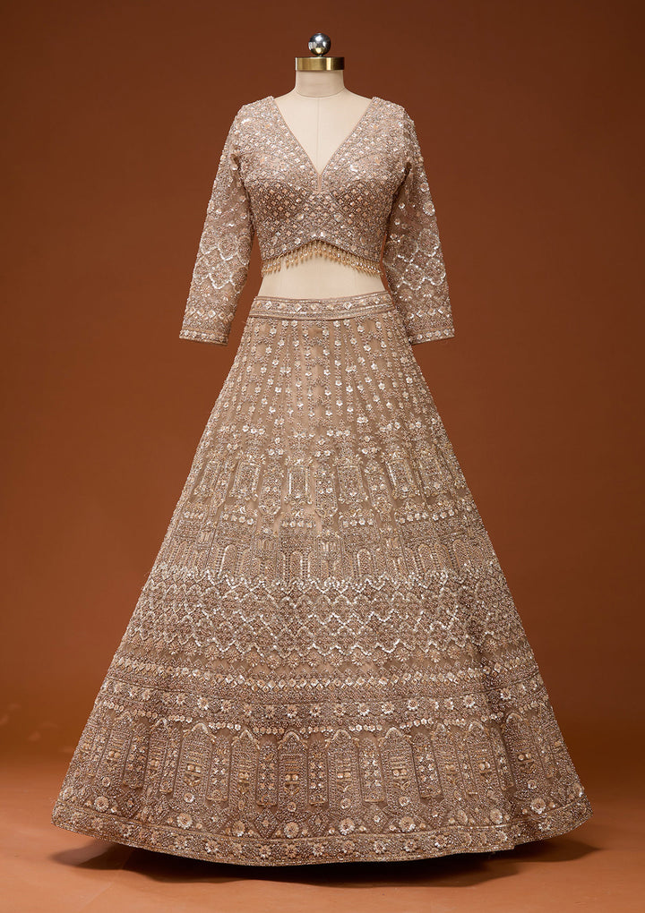 Beige Zariwork (Gold) Net Readymade Lehenga