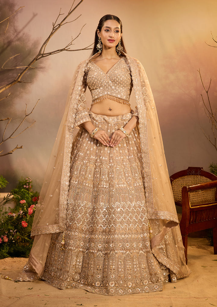 Beige Zariwork (Gold) Net Readymade Lehenga