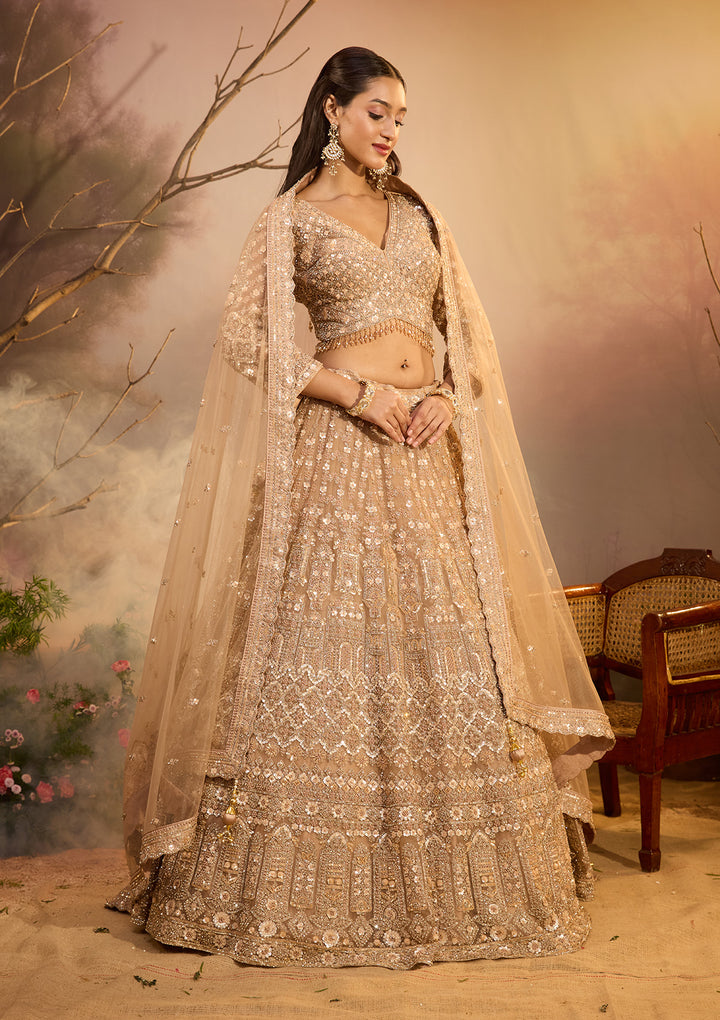 Beige Zariwork (Gold) Net Readymade Lehenga