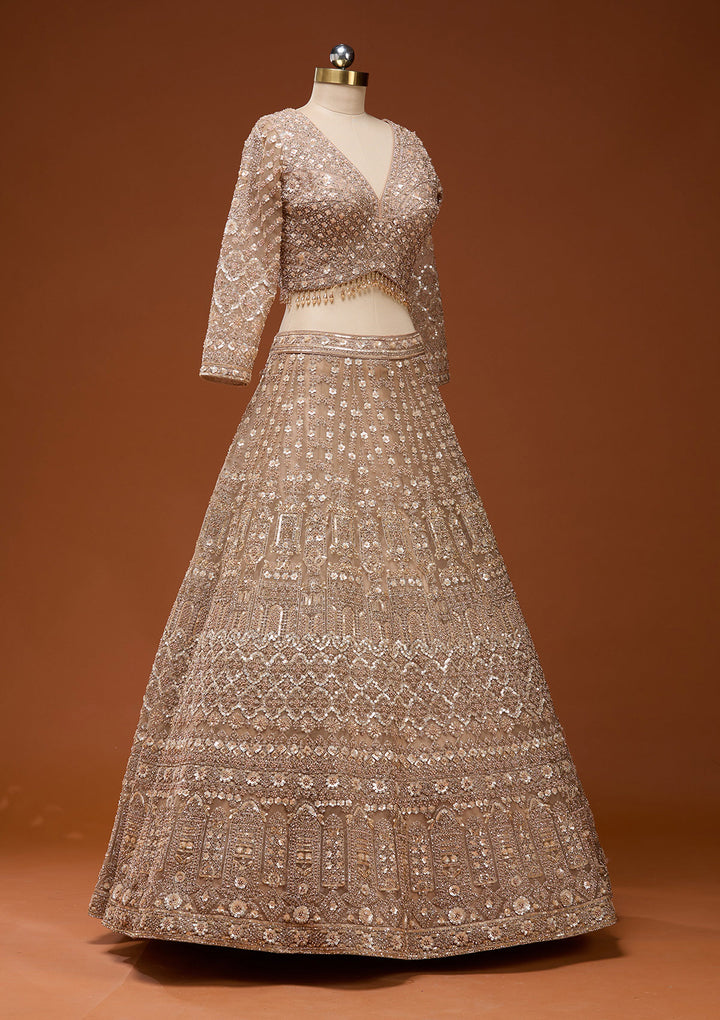 Beige Zariwork (Gold) Net Readymade Lehenga